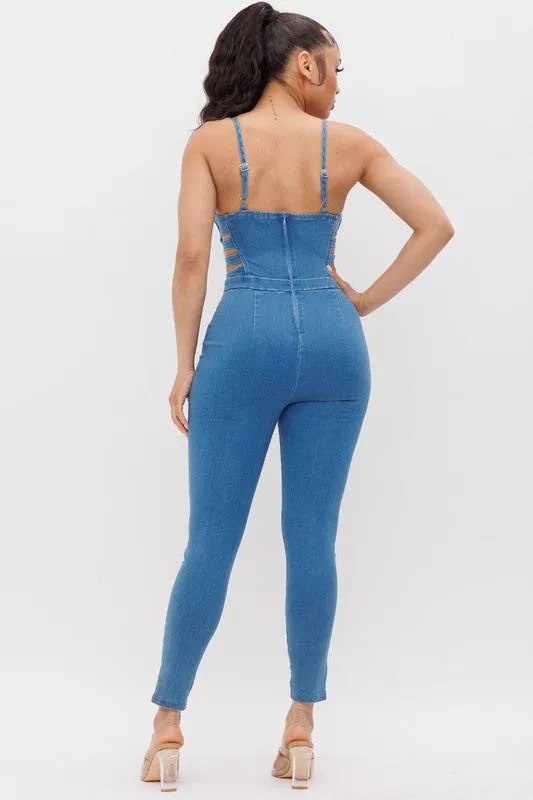 DENIM SPAGEHTTI STRAP JUMPSUIT WITH SIDE CUTOUTS