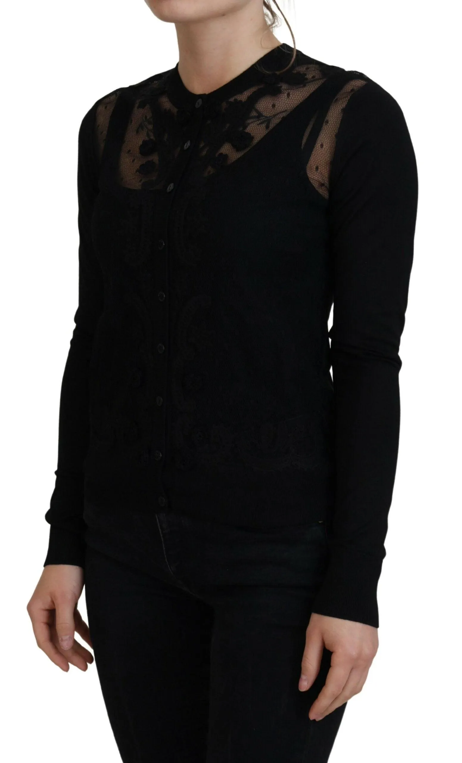 Dolce & Gabbana Black Floral Lace Button Cardigan Sweater