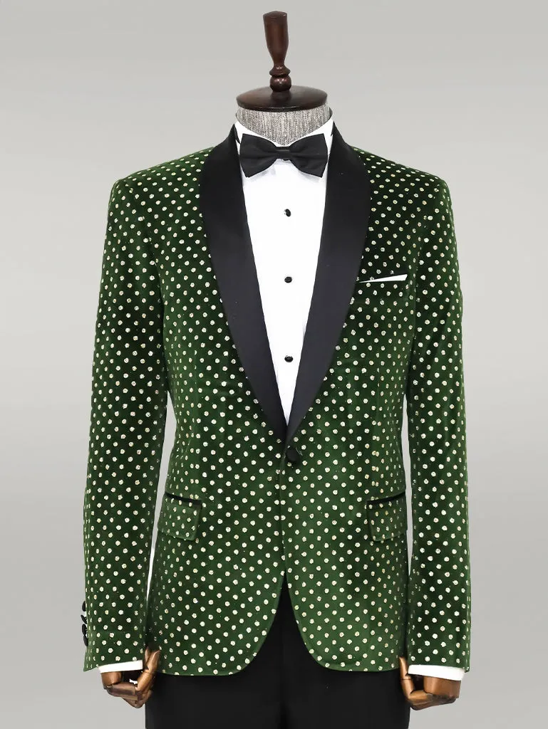 Dot Pattern Slim Fit Dark Green Men Wedding Groom Blazer - Wessi