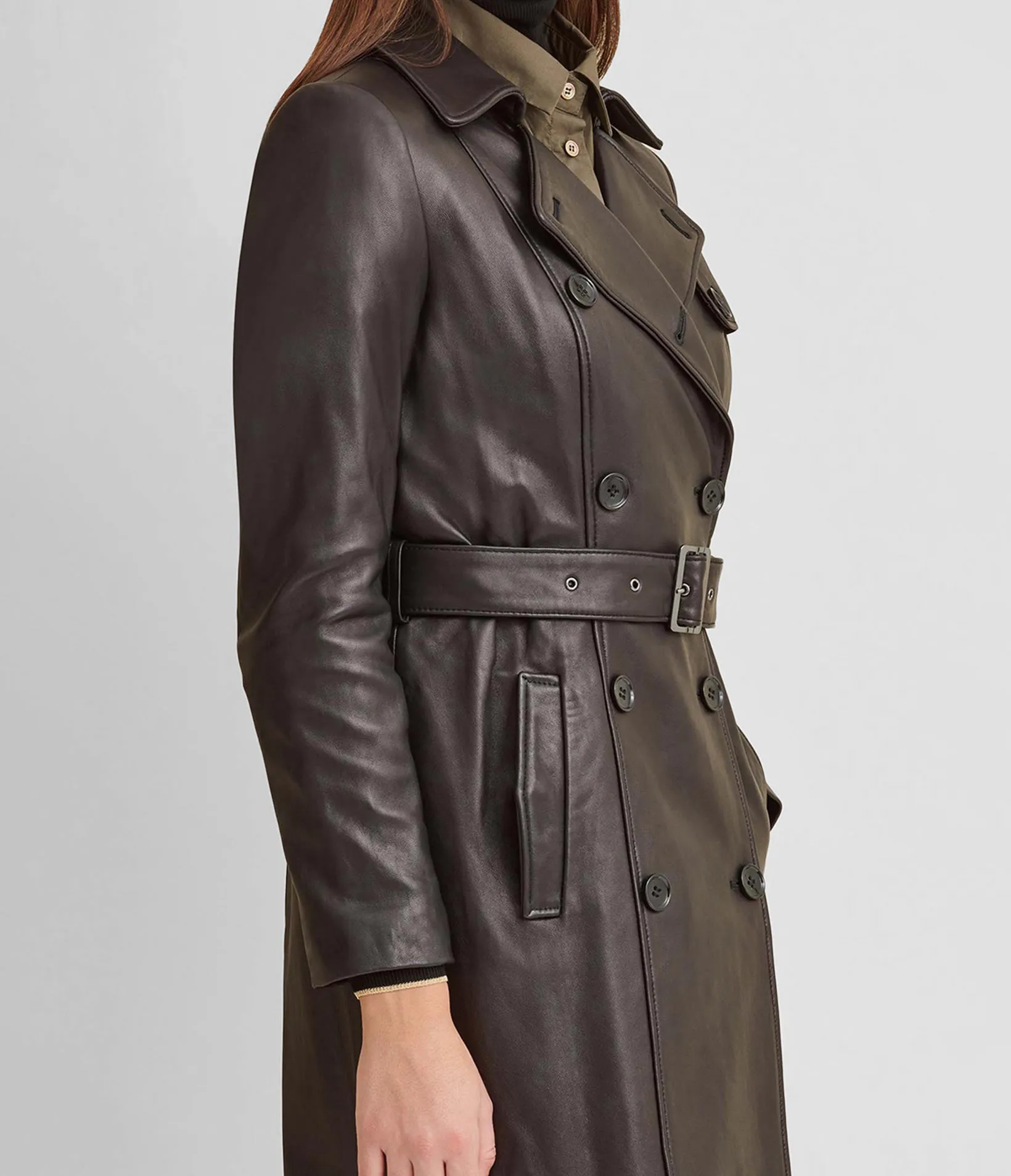 Double-Breasted Belted Leather Trench Coat