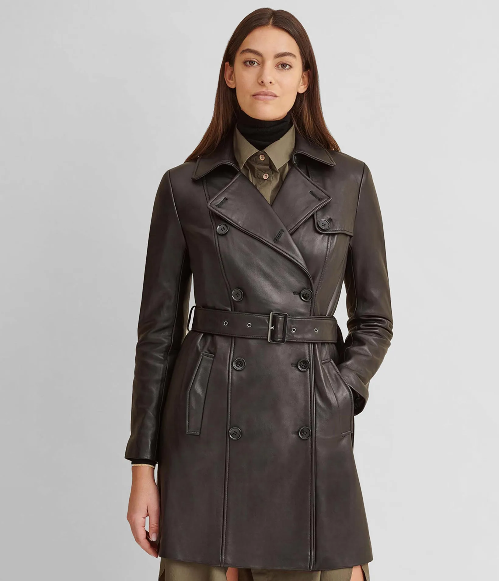 Double-Breasted Belted Leather Trench Coat