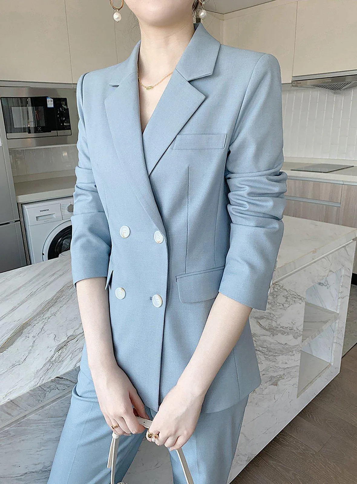 Double Breasted Blazer & Cropped Pants Two-Piece Set