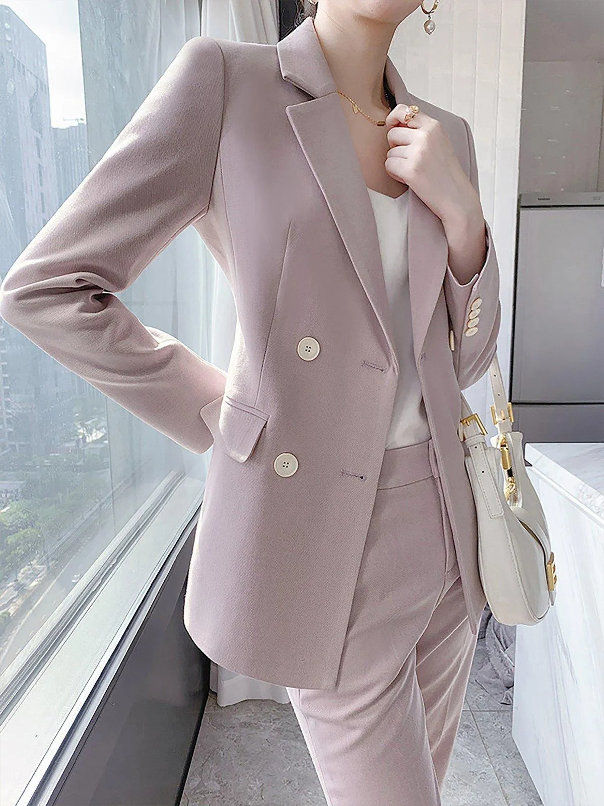 Double Breasted Blazer & Cropped Pants Two-Piece Set