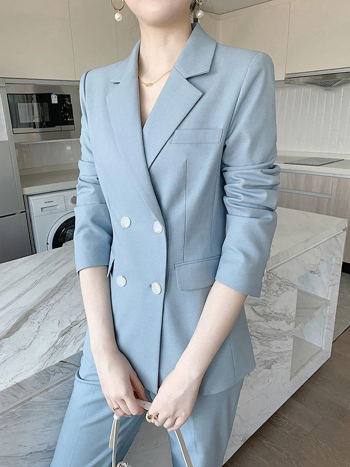 Double Breasted Blazer & Cropped Pants Two-Piece Set