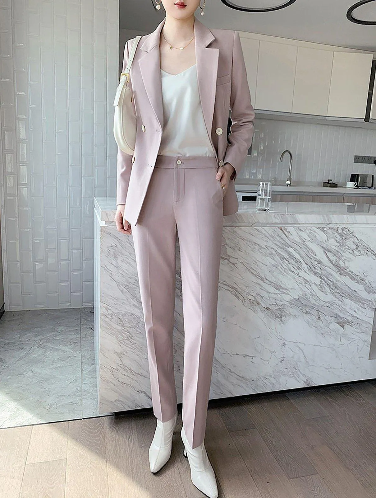 Double Breasted Blazer & Cropped Pants Two-Piece Set