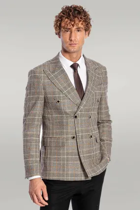 Double Breasted Checked Grey Men Blazer - Wessi