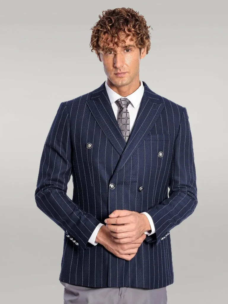 Double Breasted Slim Fit Striped Navy Blue Men Blazer - Wessi