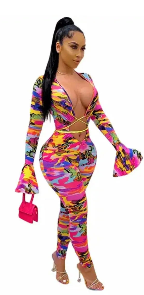 Eye catching long flare sleeve printed bandage bodycon one piece jumpsuit