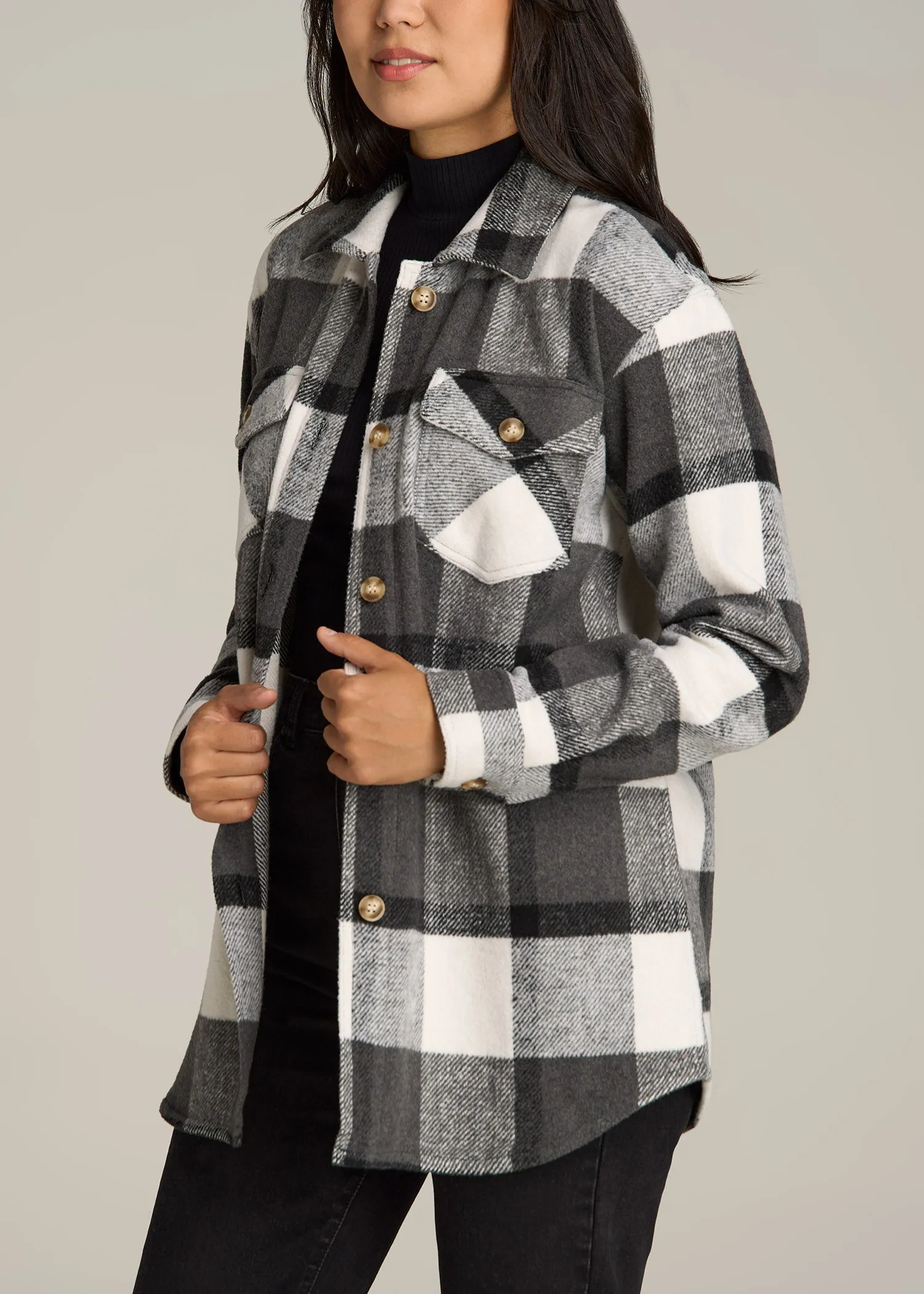 Flannel Women's Tall Shacket in Grey and Black Plaid