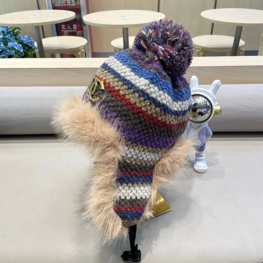 FLUFFY KNIT HAT WITH PLUSH LINING COLORFUL 428156