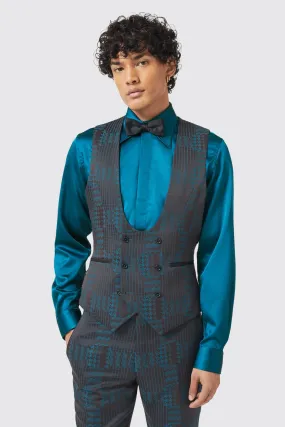 Garland Skinny Fit Black Green Check Waistcoat