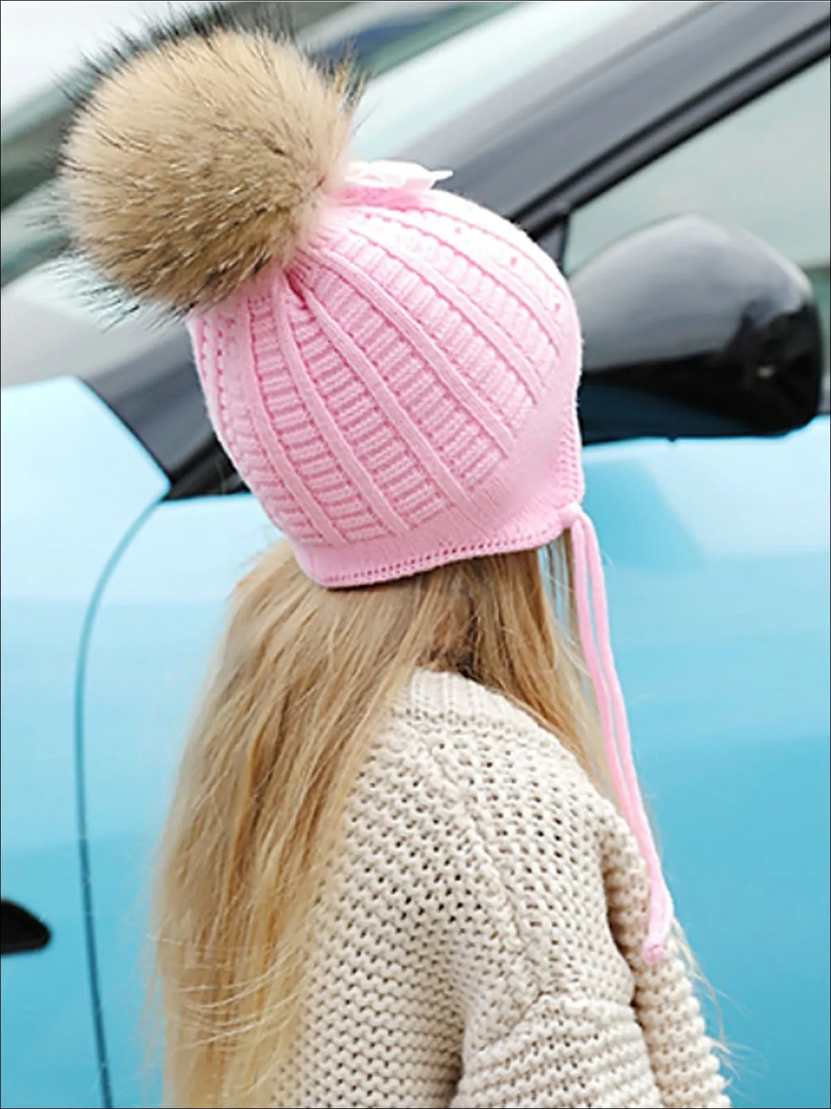 Girls Casual Fall Cable Knit Pom Pom Beanie