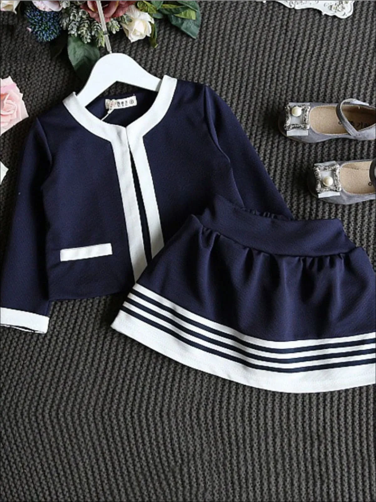 Girls Navy Blue/Creme Preppy Cardigan And Skirt Set