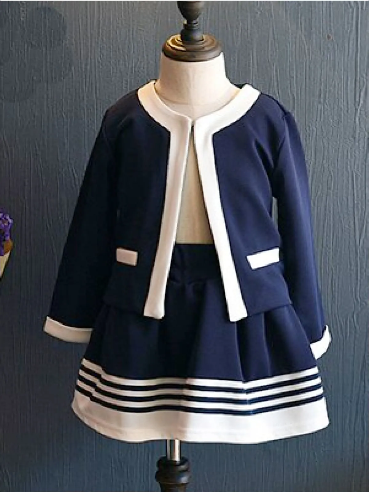 Girls Navy Blue/Creme Preppy Cardigan And Skirt Set