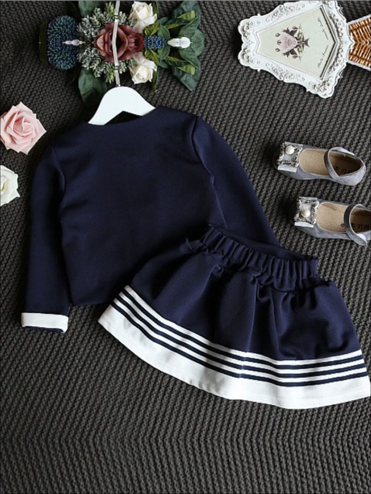 Girls Navy Blue/Creme Preppy Cardigan And Skirt Set