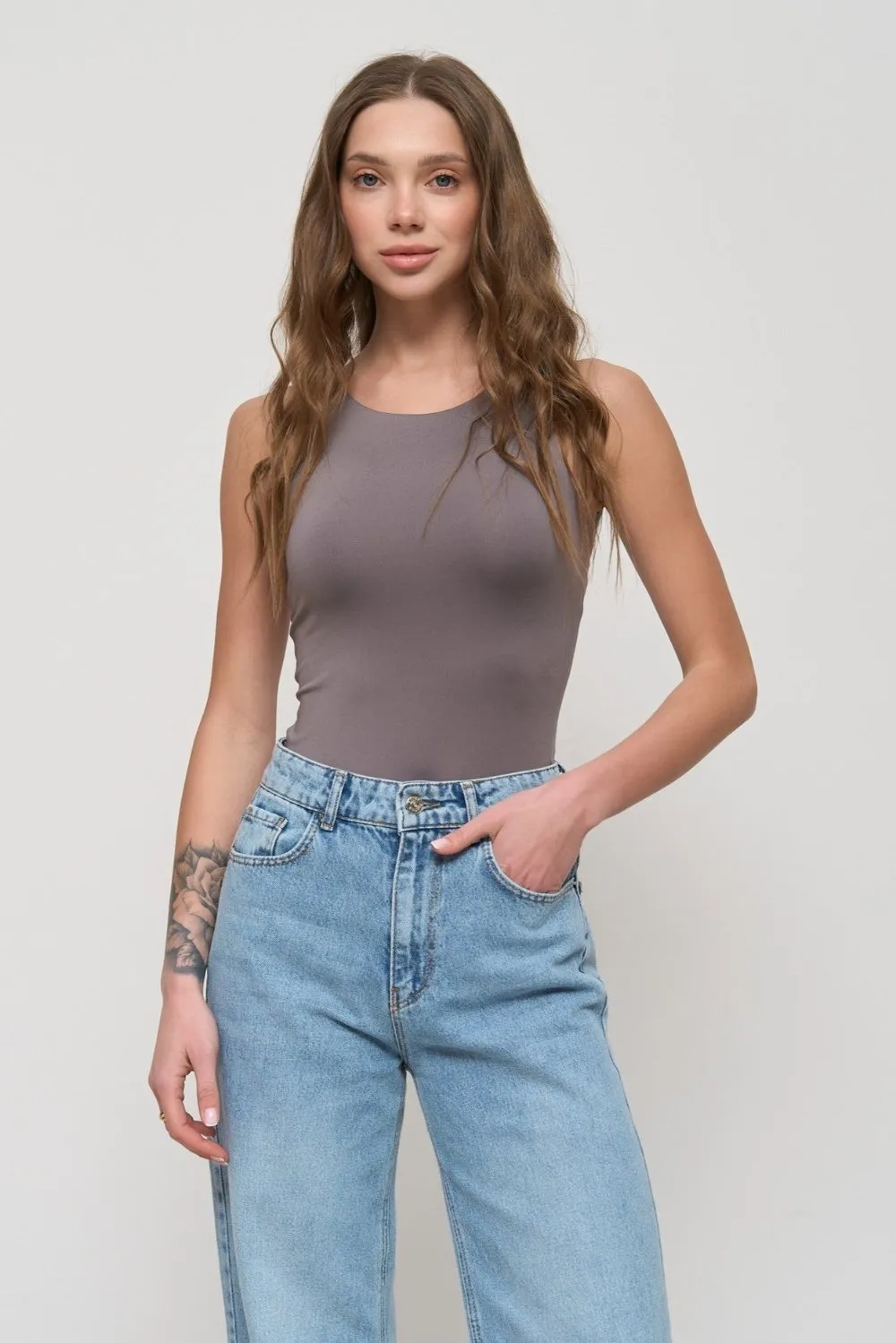 Grey Basic Sleeveless Bodysuit