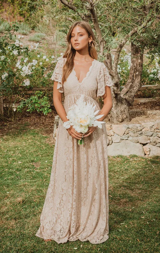 Half Sleeve Boho Lace Champagne Wedding Dress