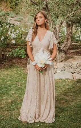 Half Sleeve Boho Lace Champagne Wedding Dress