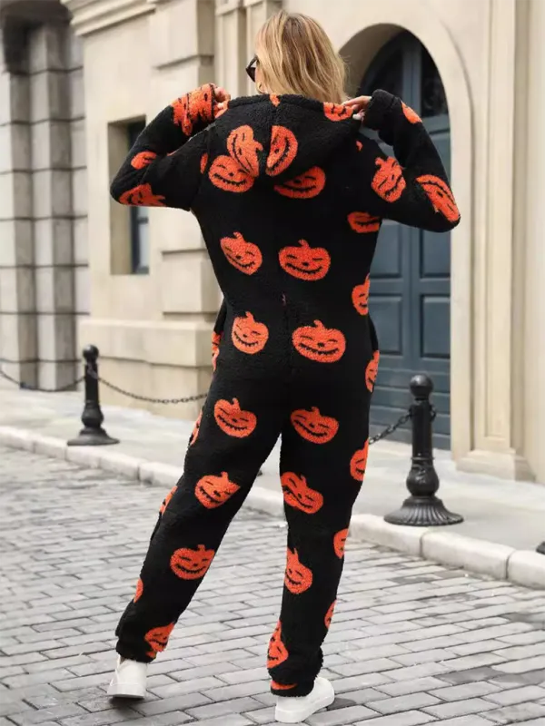 Halloween Pumpkin Print Zip Up Jumpsuit