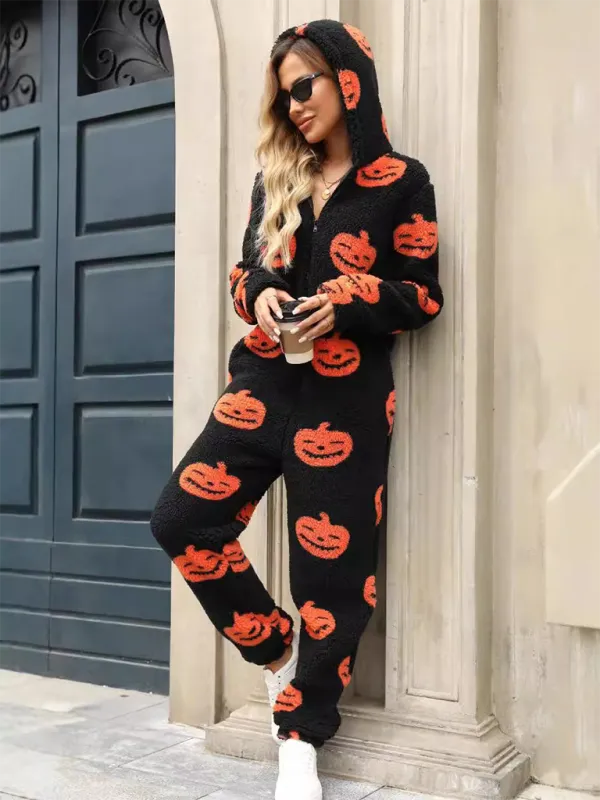 Halloween Pumpkin Print Zip Up Jumpsuit