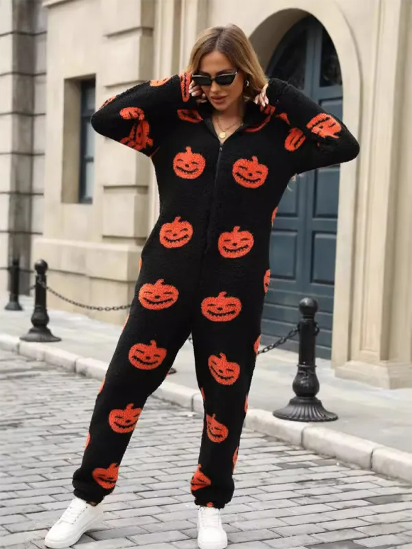 Halloween Pumpkin Print Zip Up Jumpsuit