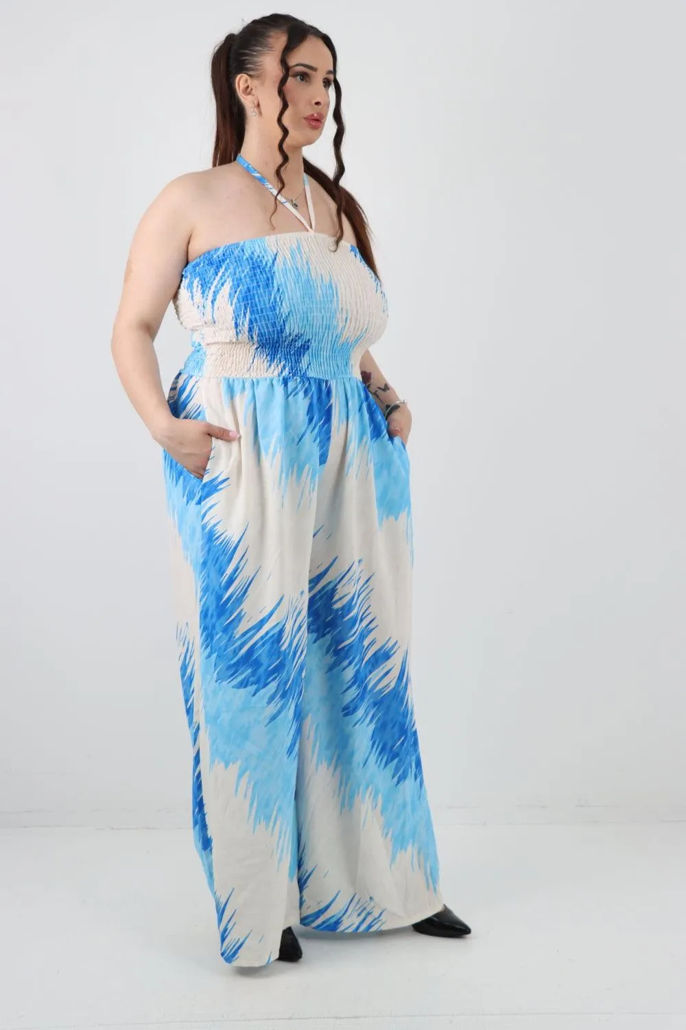 Halter Neck Side Pockets Tie Dye Jumpsuit