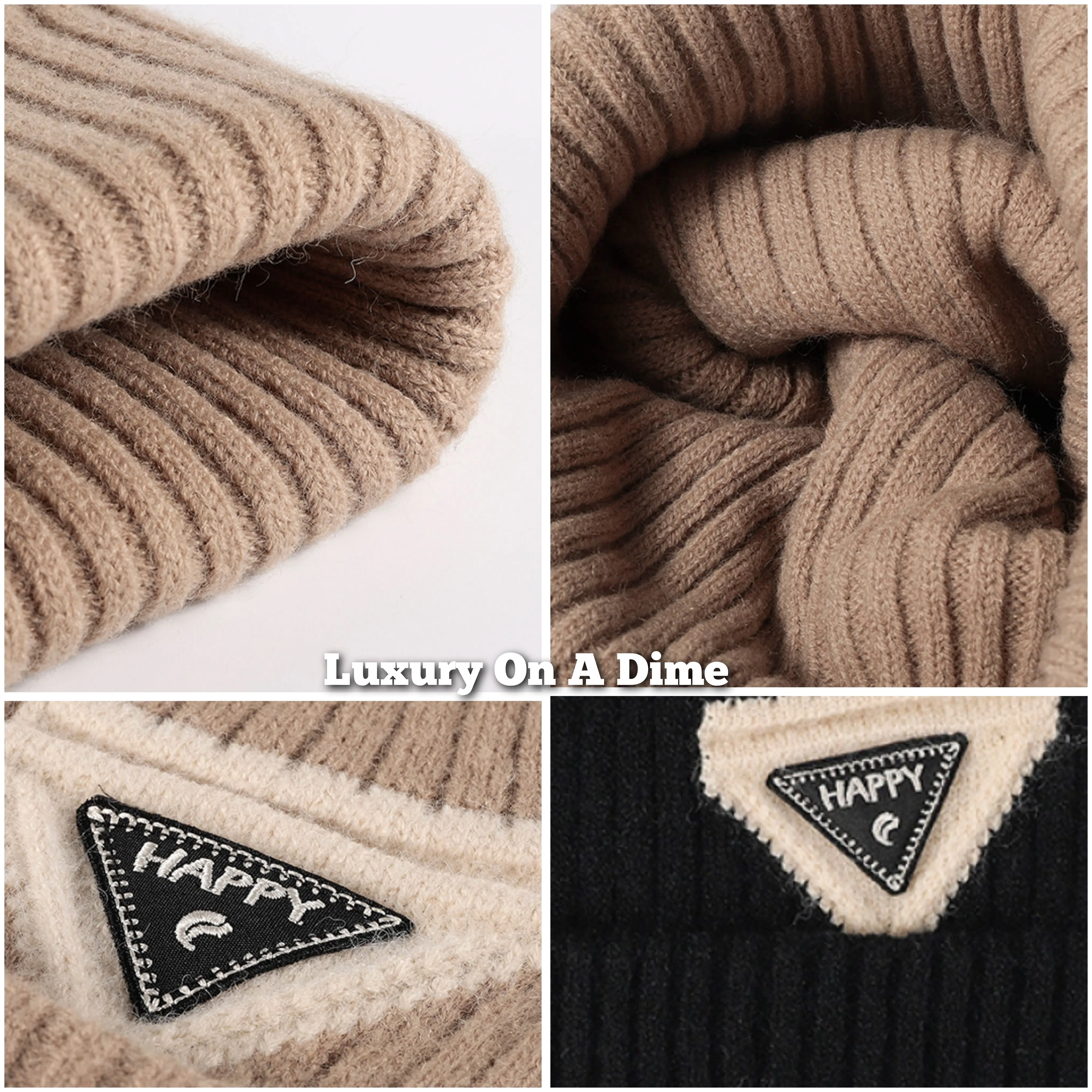 HAPPY Beanie Color Contrast Toboggan Hat Ribbed Knit Warm Winter Skull Cap