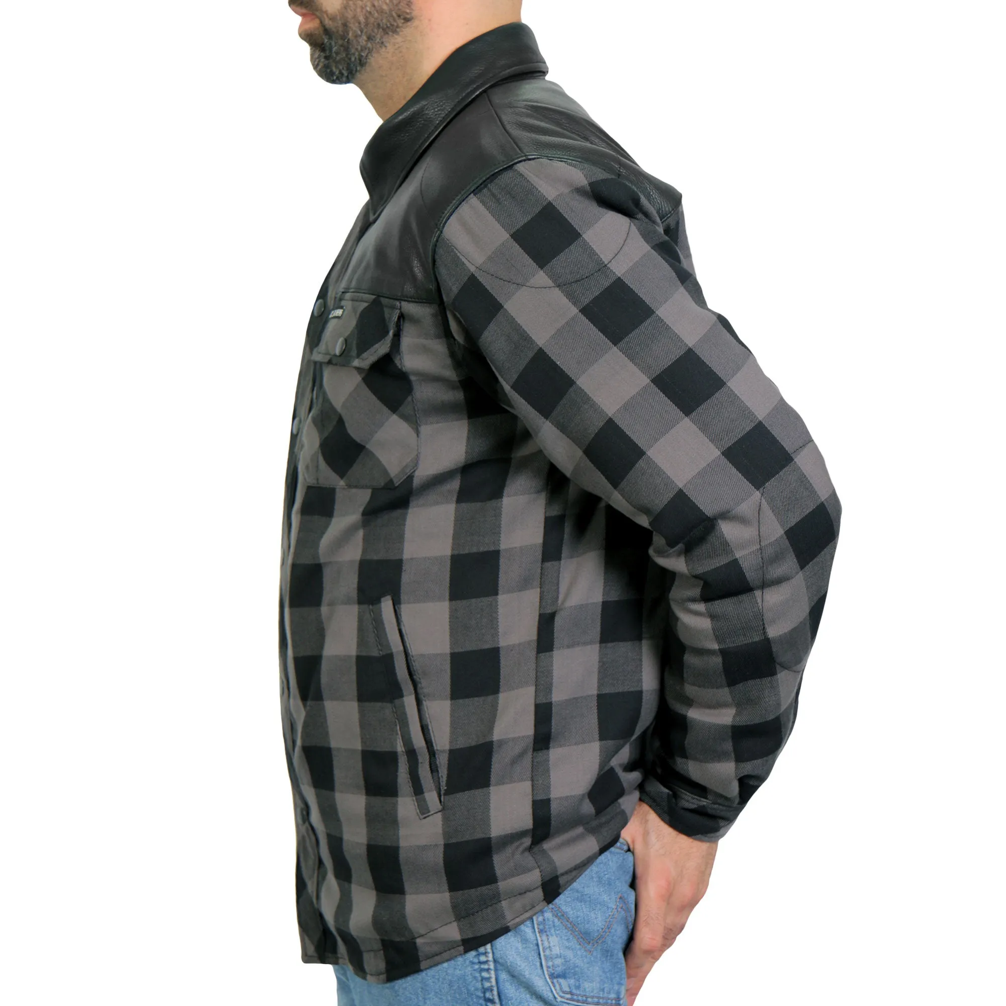 Hot Leathers JKM3203 Men's Motorcycle style Grey and Black Kevlar Reinforced Leather and Plaid Flannel Biker Shirt