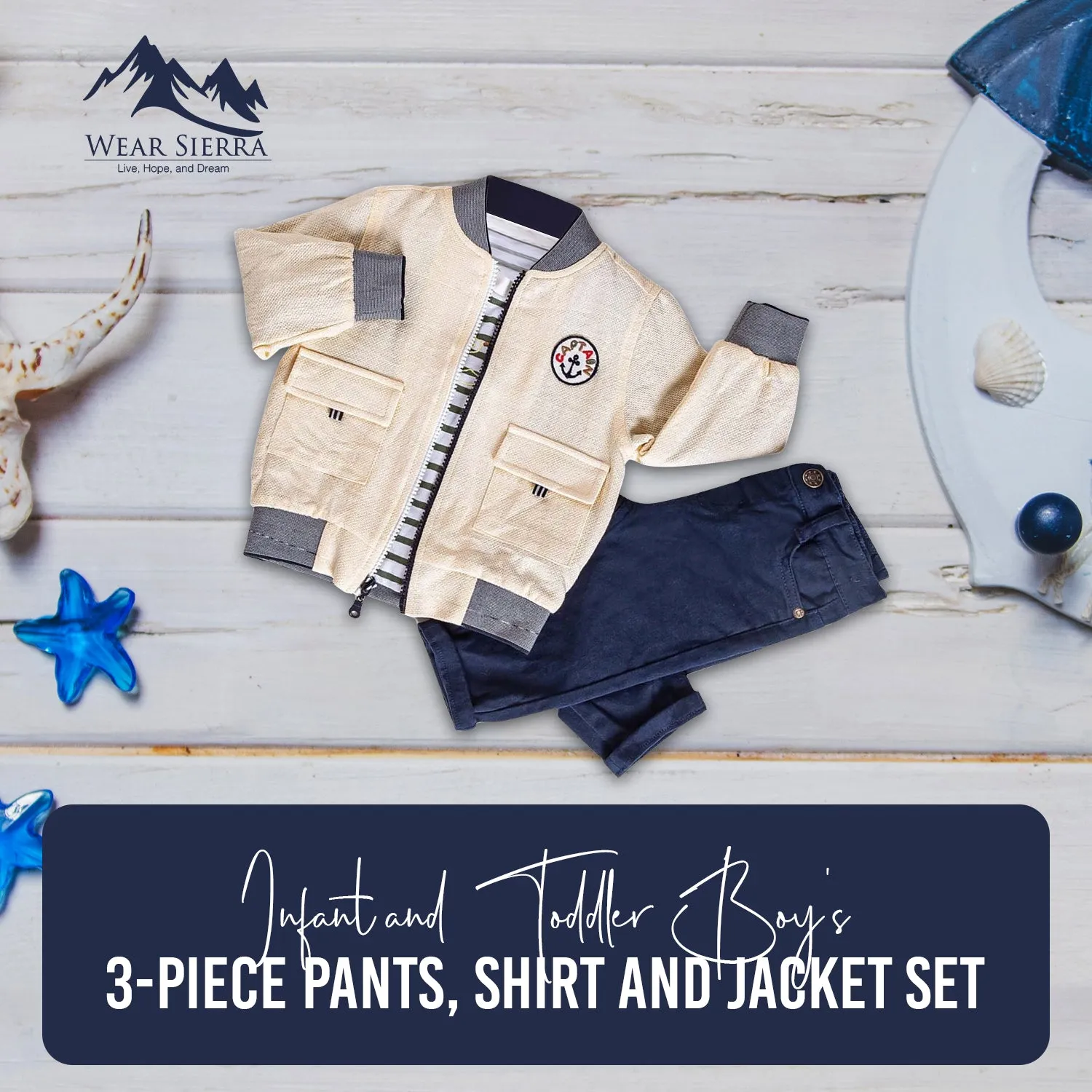 Infant and Toddler Boy's Blue and Yellow 3-Piece Pants, Shirt and Jacket Set with Nautical Theme