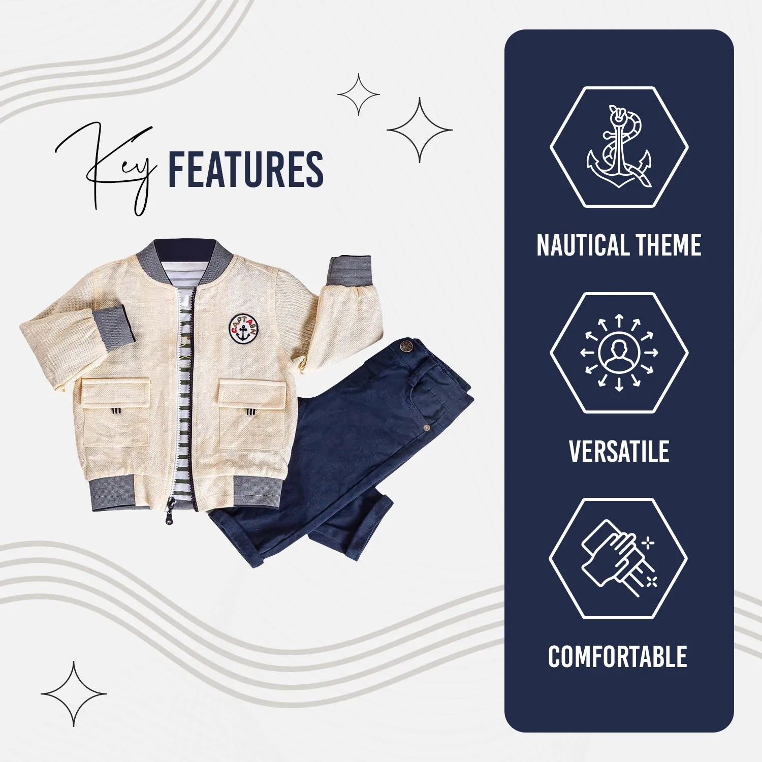 Infant and Toddler Boy's Blue and Yellow 3-Piece Pants, Shirt and Jacket Set with Nautical Theme