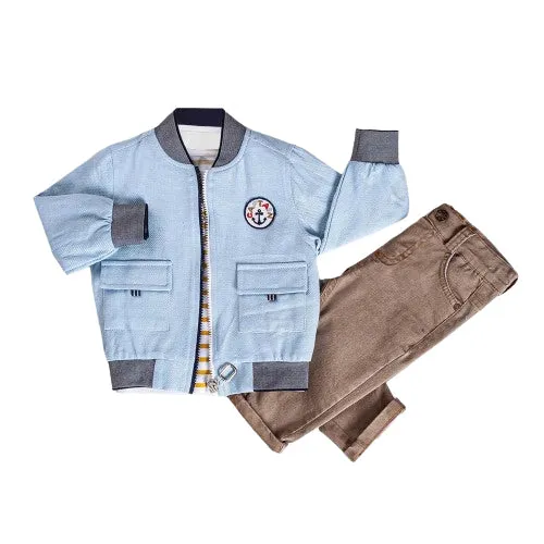 Infant and Toddler Boy's Blue and Yellow 3-Piece Pants, Shirt and Jacket Set with Nautical Theme