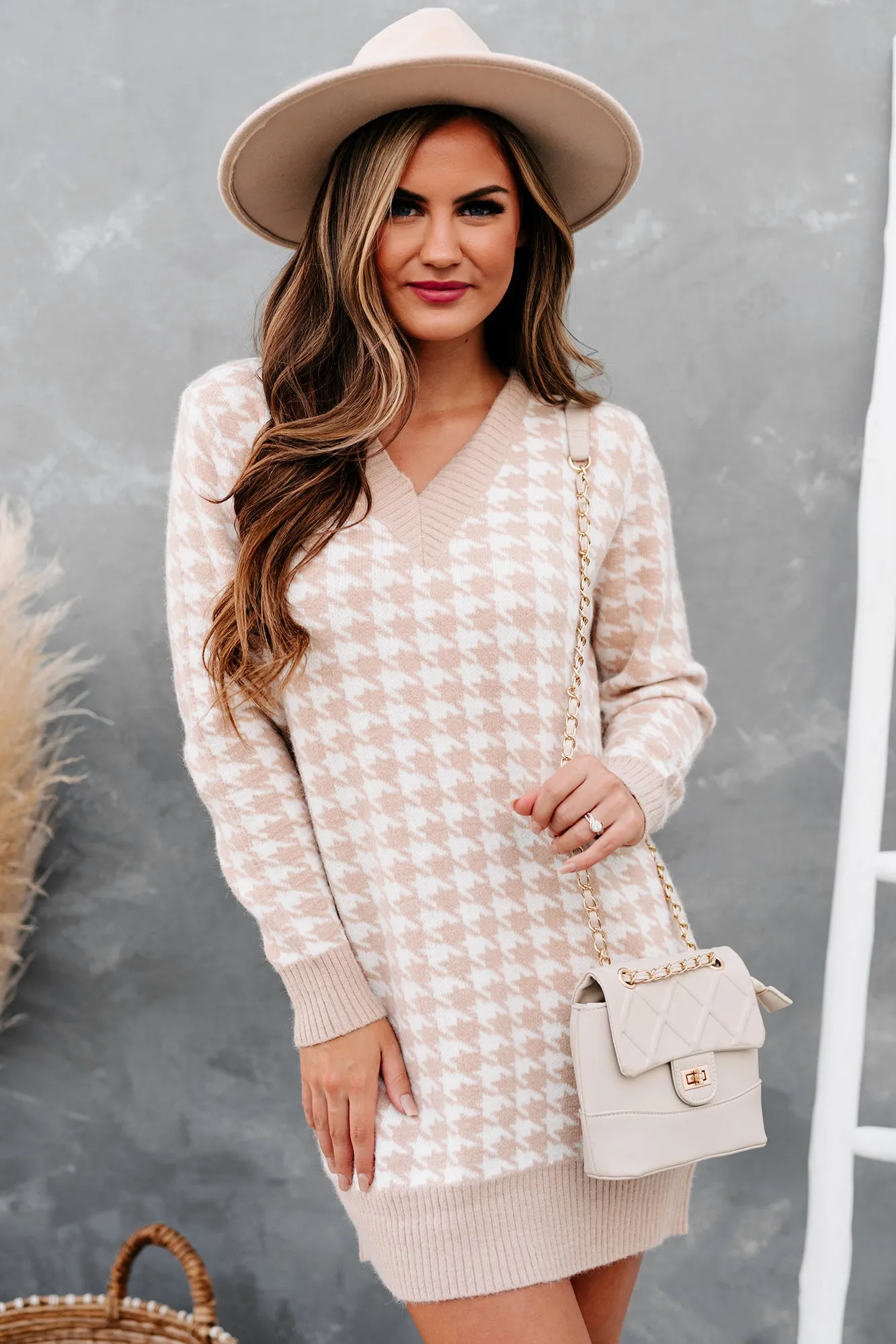 Information Overload Houndstooth Sweater Dress (Taupe)