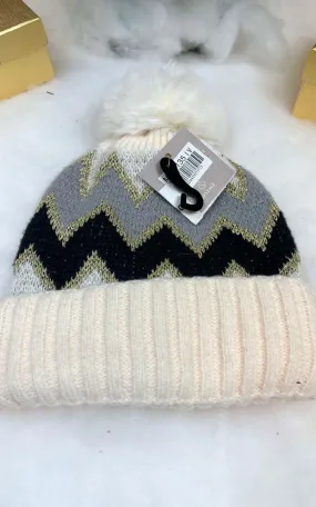 Ivory Chevron Pom Pom Fuzzy Beanie