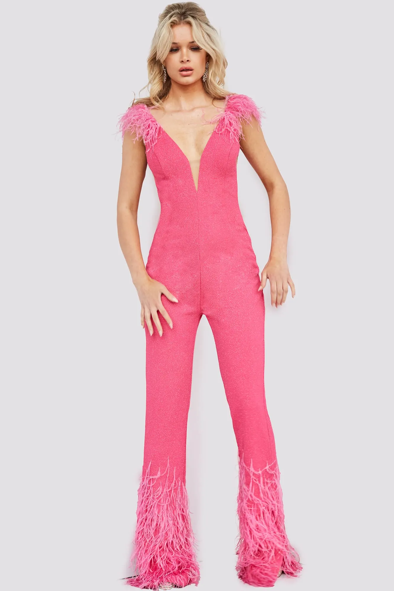 Jovani 08554 Size 6 Hot Pink Shimmer Jumpsuit Feather Pant Legs Slit V Neck Formal Pageant Wear