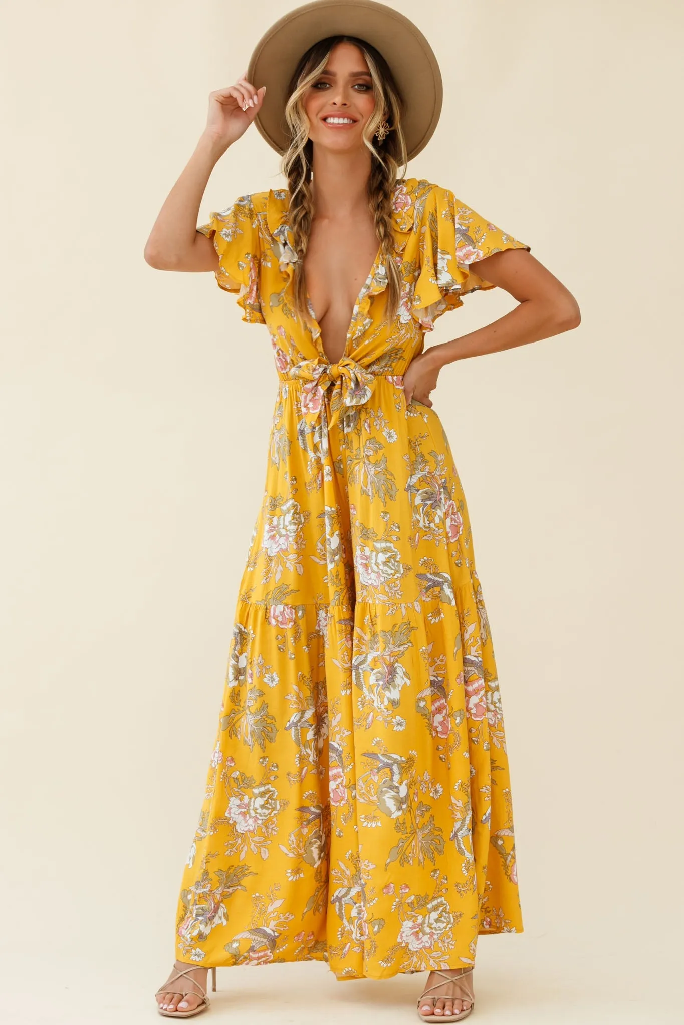 Kasey Tied Bust Wide Leg Floral Print Jumpsuit Mustard