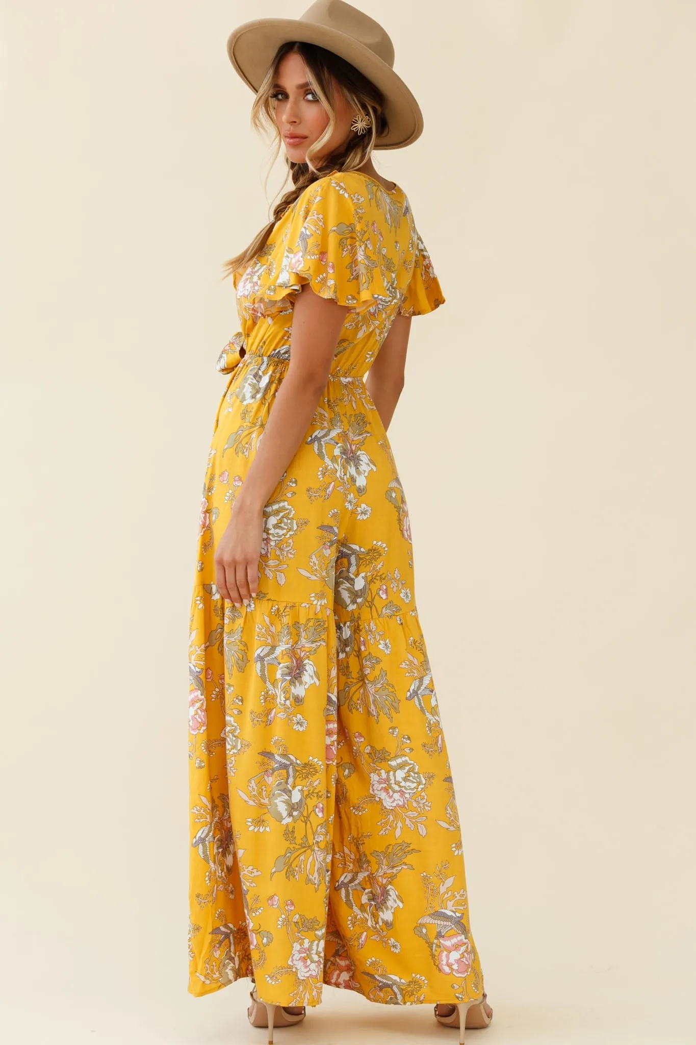 Kasey Tied Bust Wide Leg Floral Print Jumpsuit Mustard