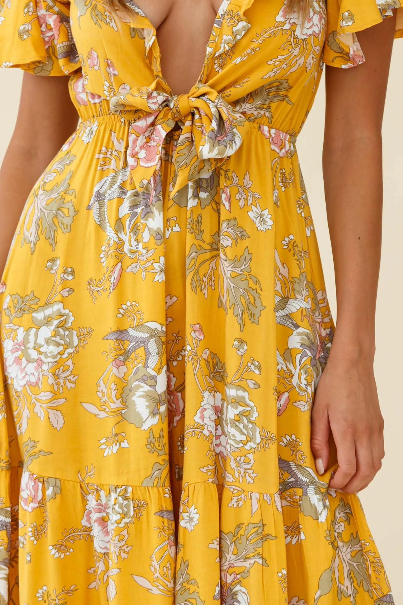 Kasey Tied Bust Wide Leg Floral Print Jumpsuit Mustard