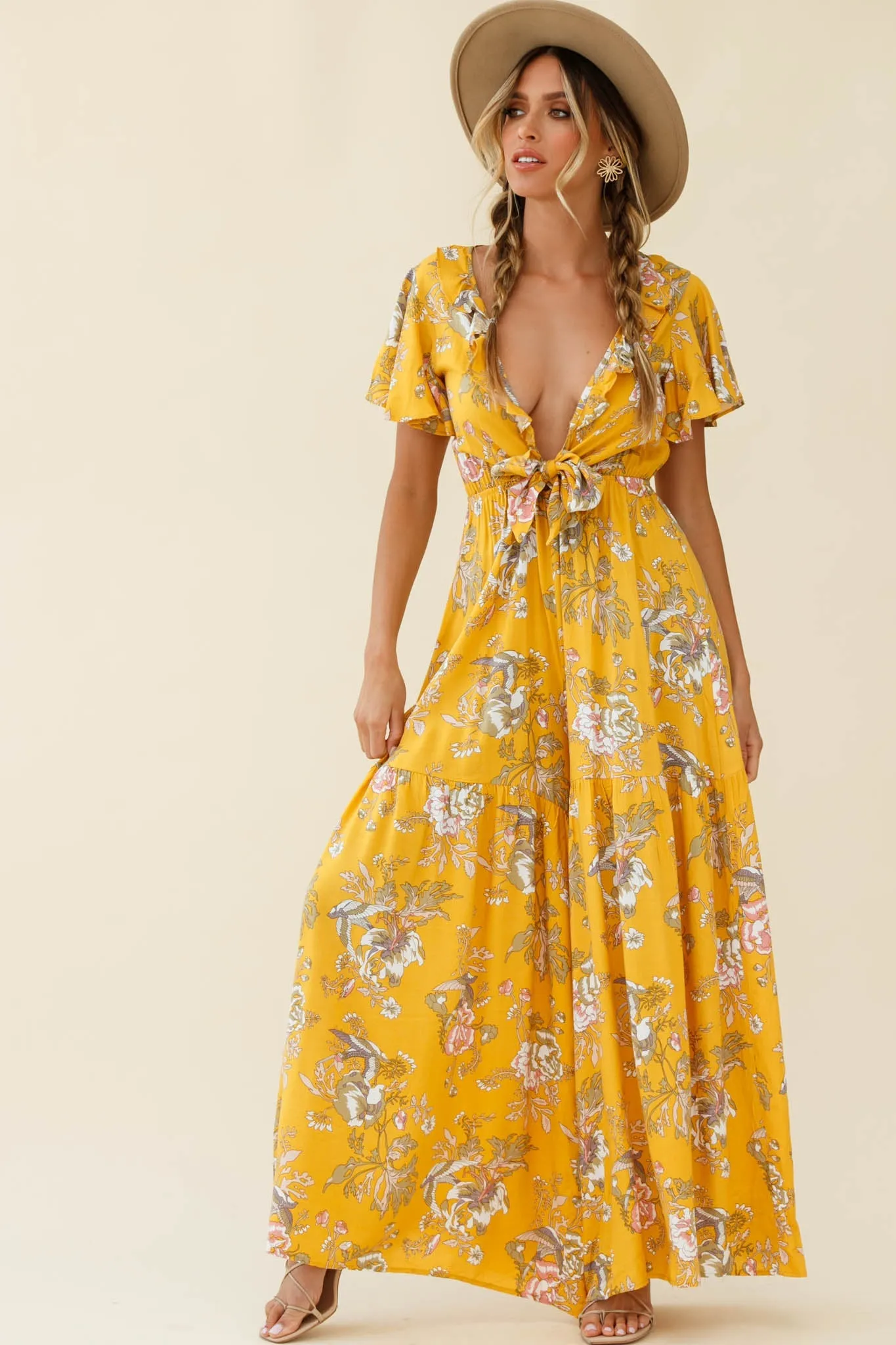 Kasey Tied Bust Wide Leg Floral Print Jumpsuit Mustard