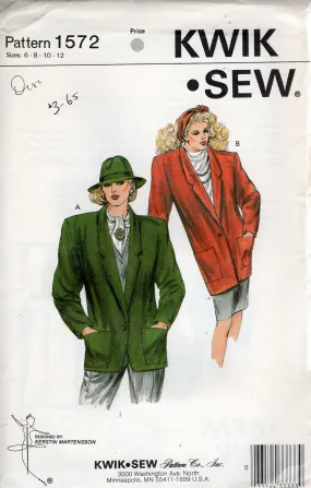 Kwik Sew 1572 Womens Oversized Blazer Jacket 1980s Vintage Sewing Pattern Size 6 - 12 Bust 32 - 37 inches UNCUT Factory Folded