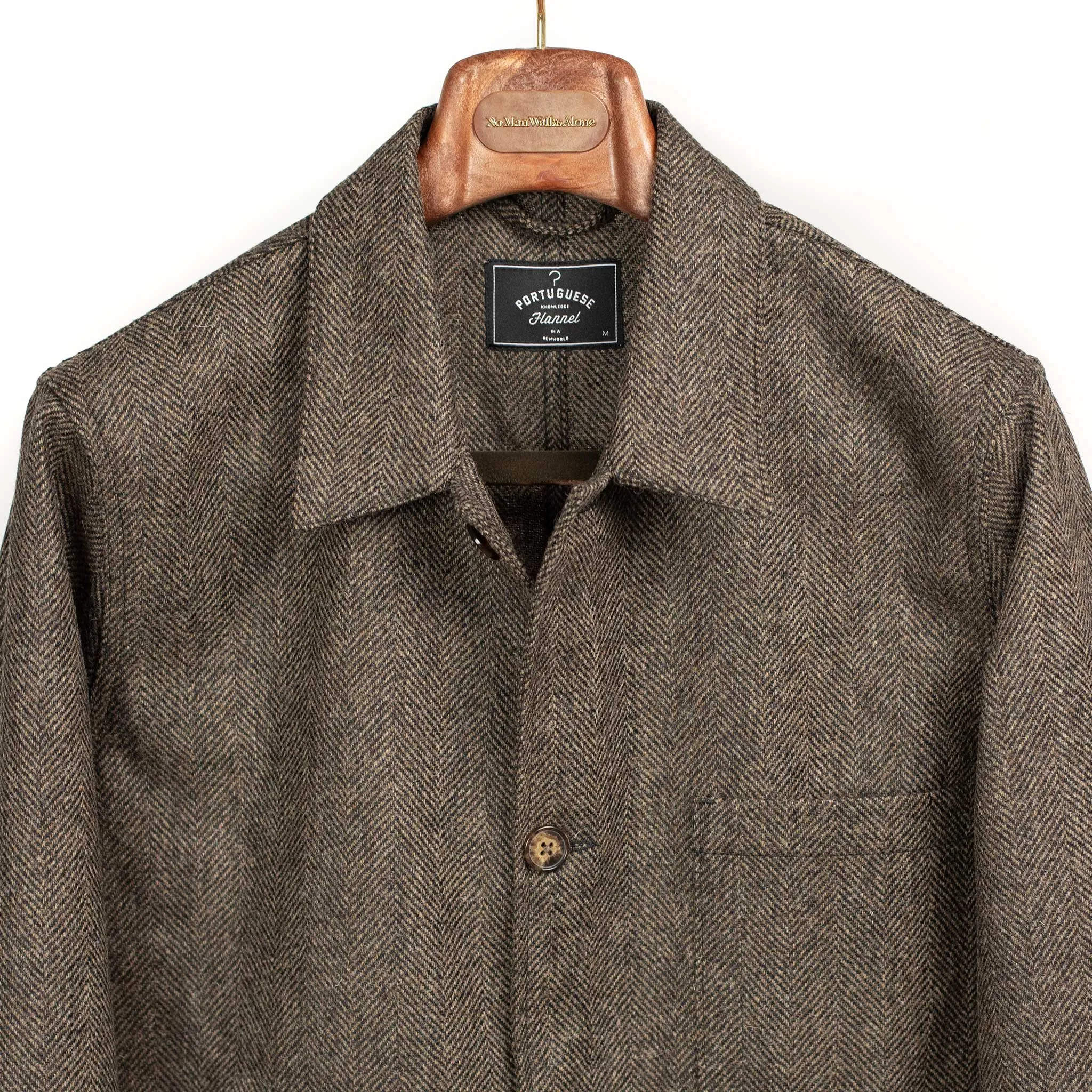 Labura chore coat in brown and black herringbone brushed wool