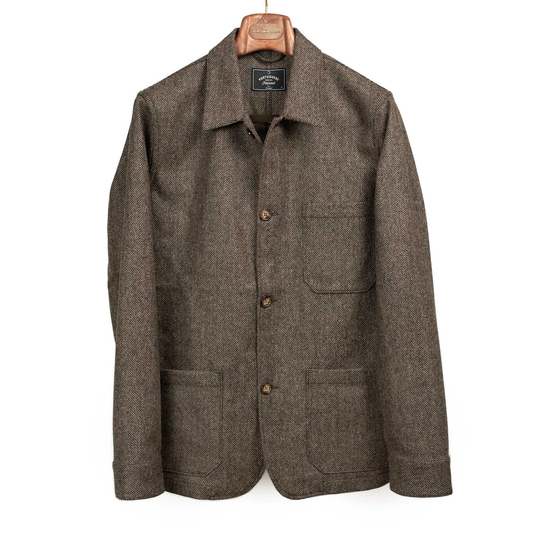 Labura chore coat in brown and black herringbone brushed wool