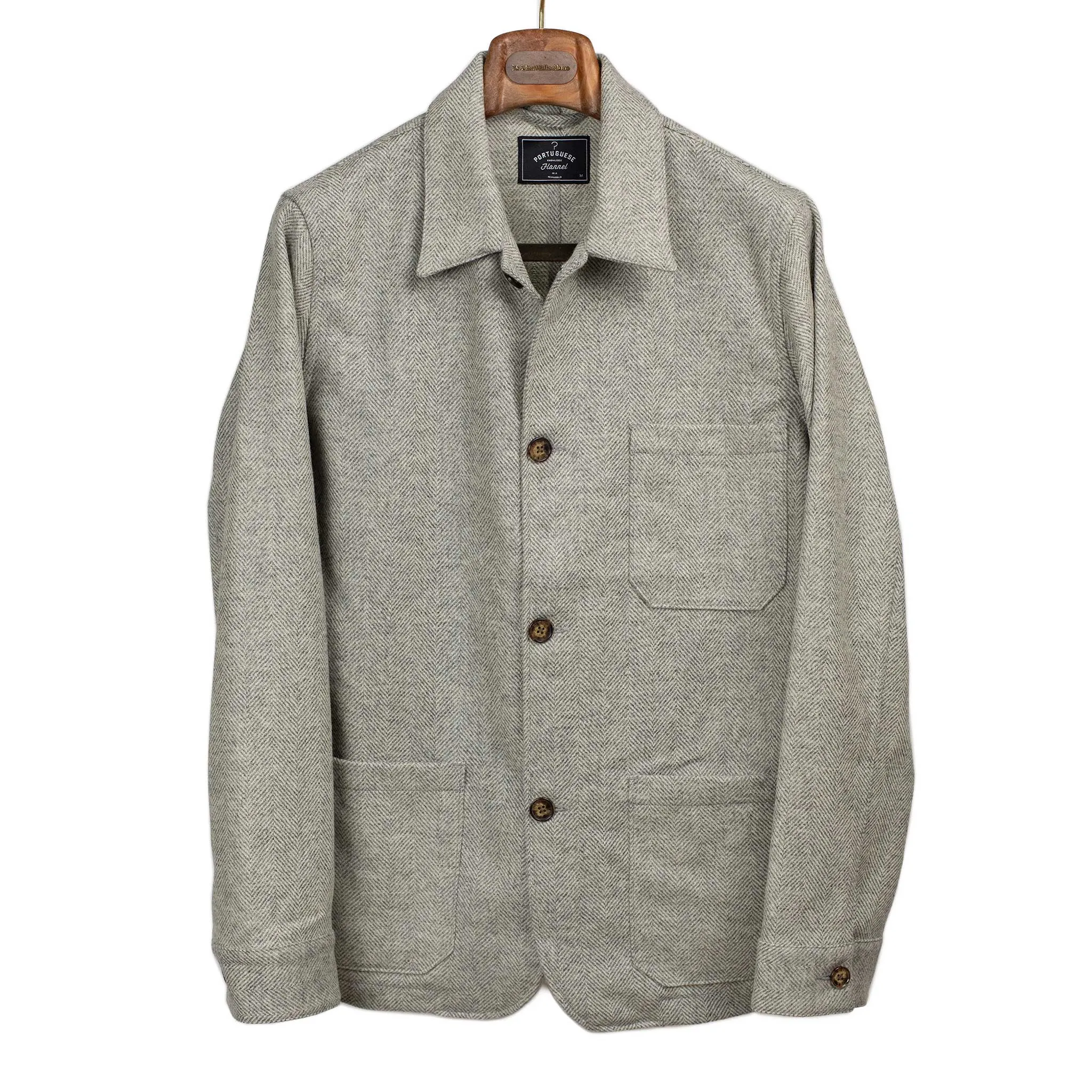 Labura chore coat in grey and cream herringbone brushed wool