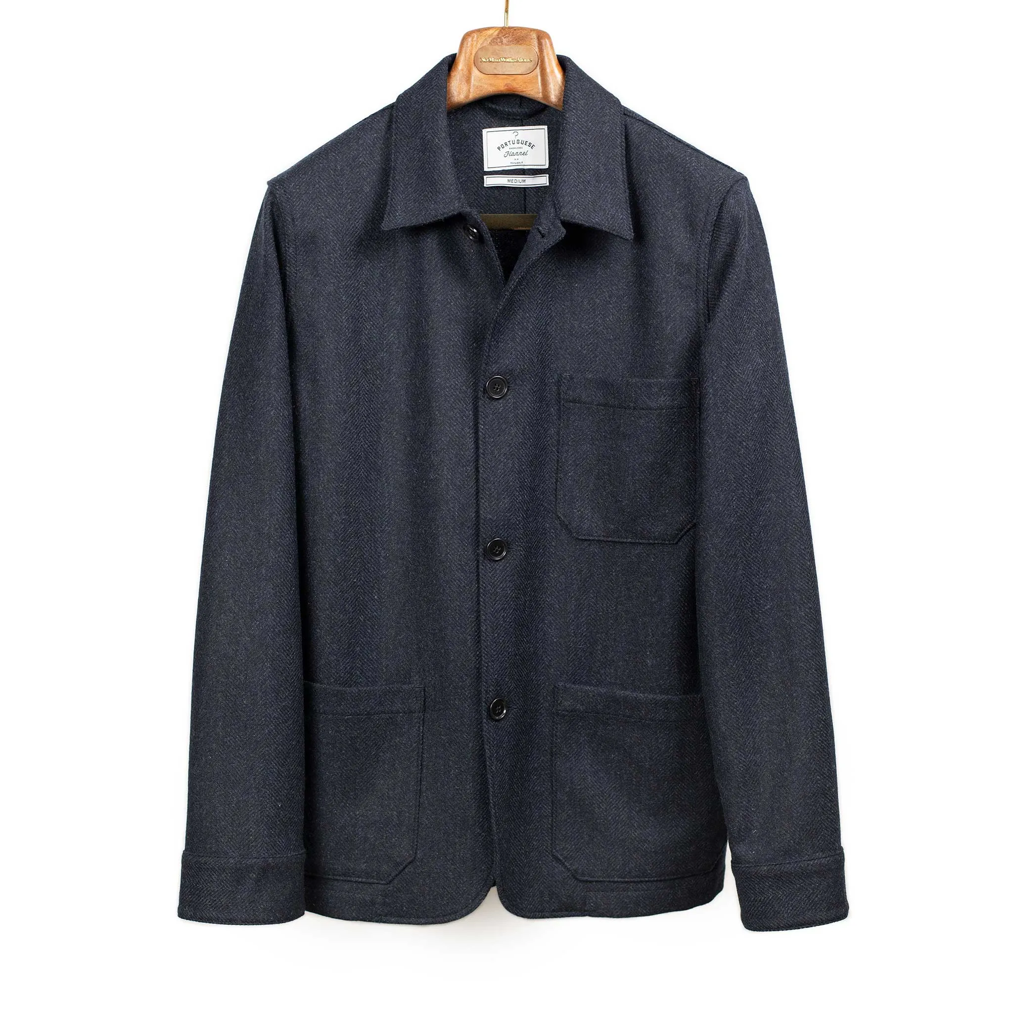 Labura chore coat in navy herringbone brushed virgin wool