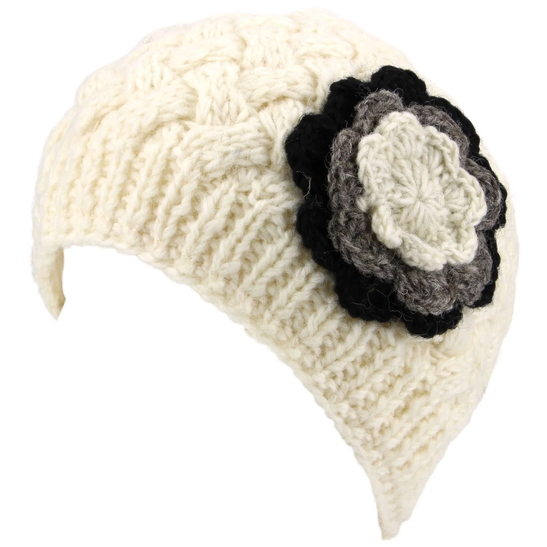 Ladies Wool Cable Knit Beanie Hat with Contrast Flower - Off White