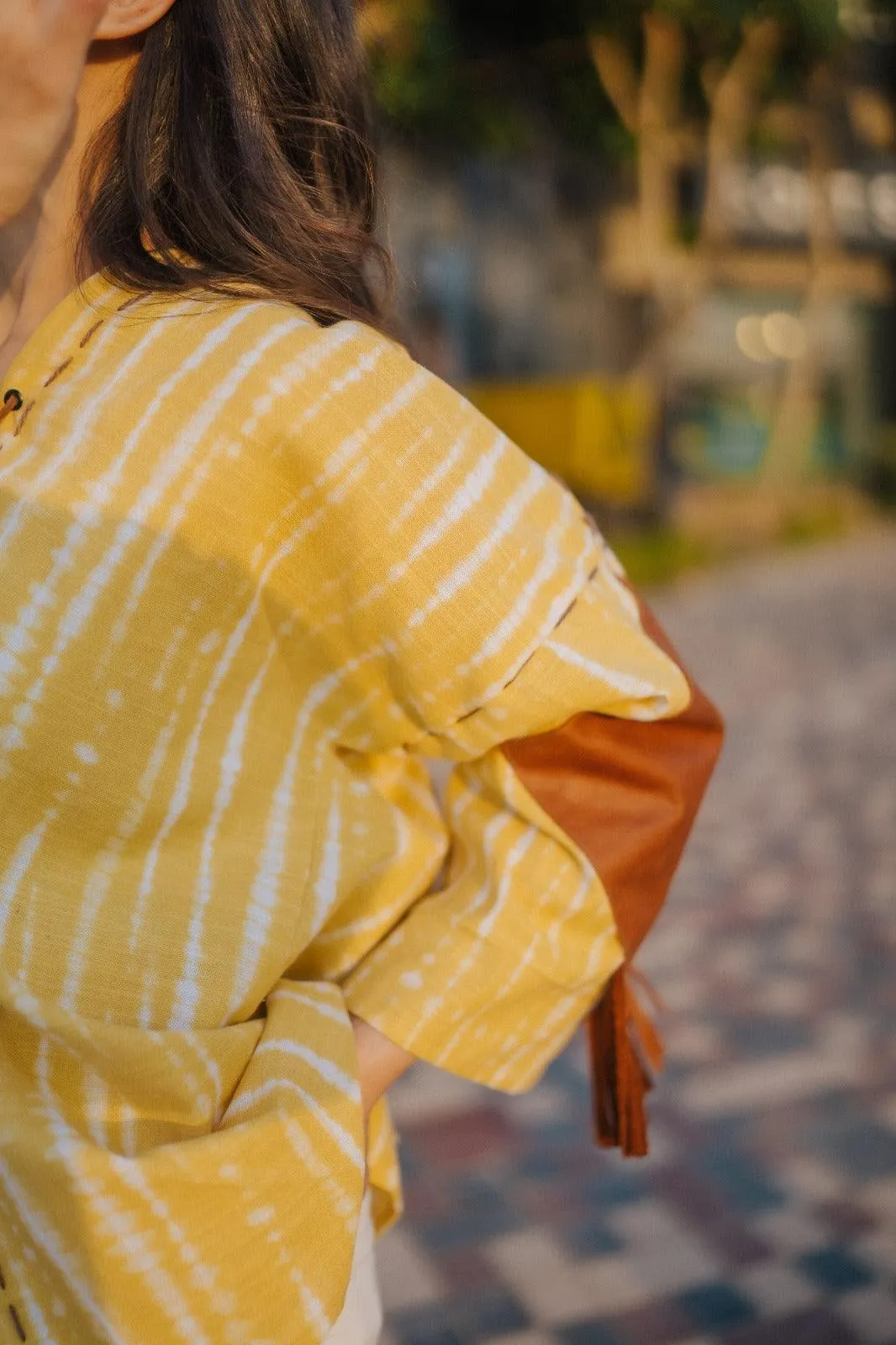 Lemon Yellow Handmade Cardigan with Brown Leather Accents