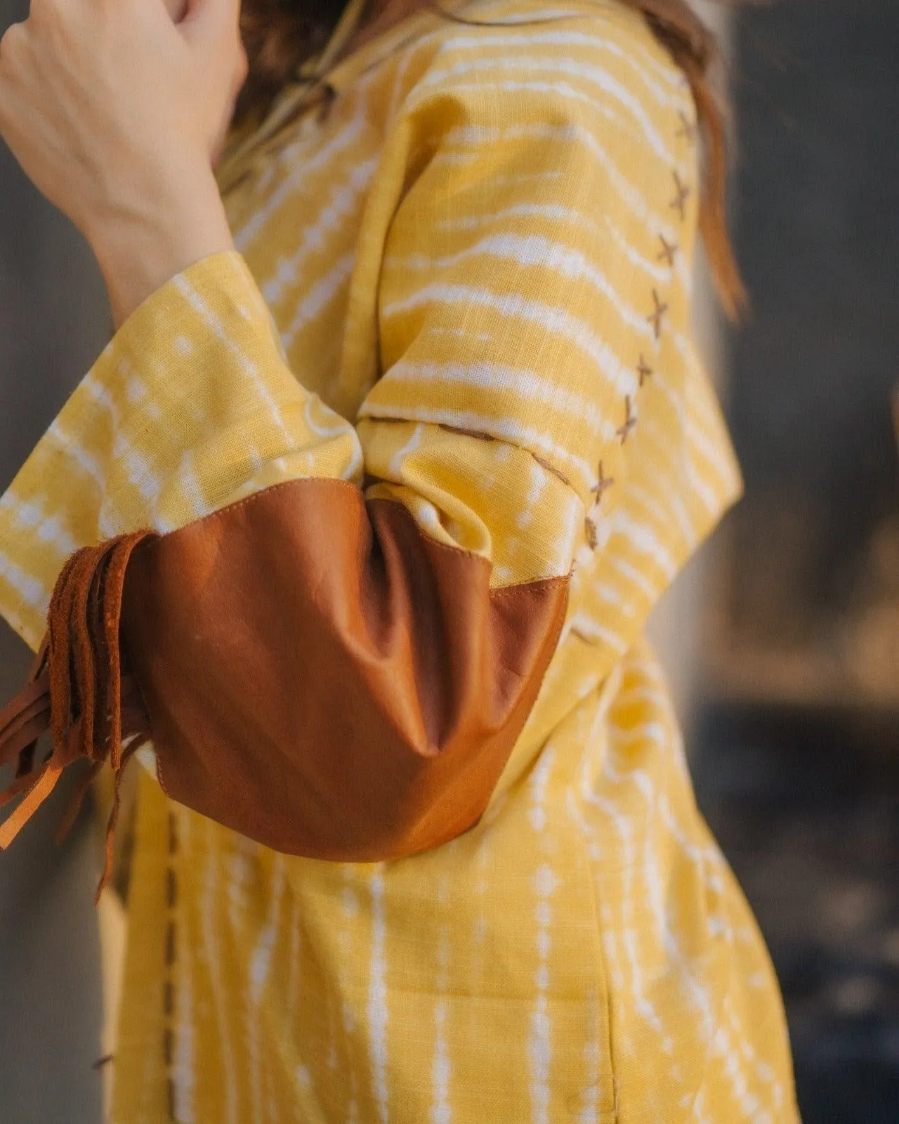 Lemon Yellow Handmade Cardigan with Brown Leather Accents