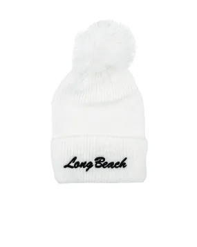 Long Beach White Giant Pom Beanie