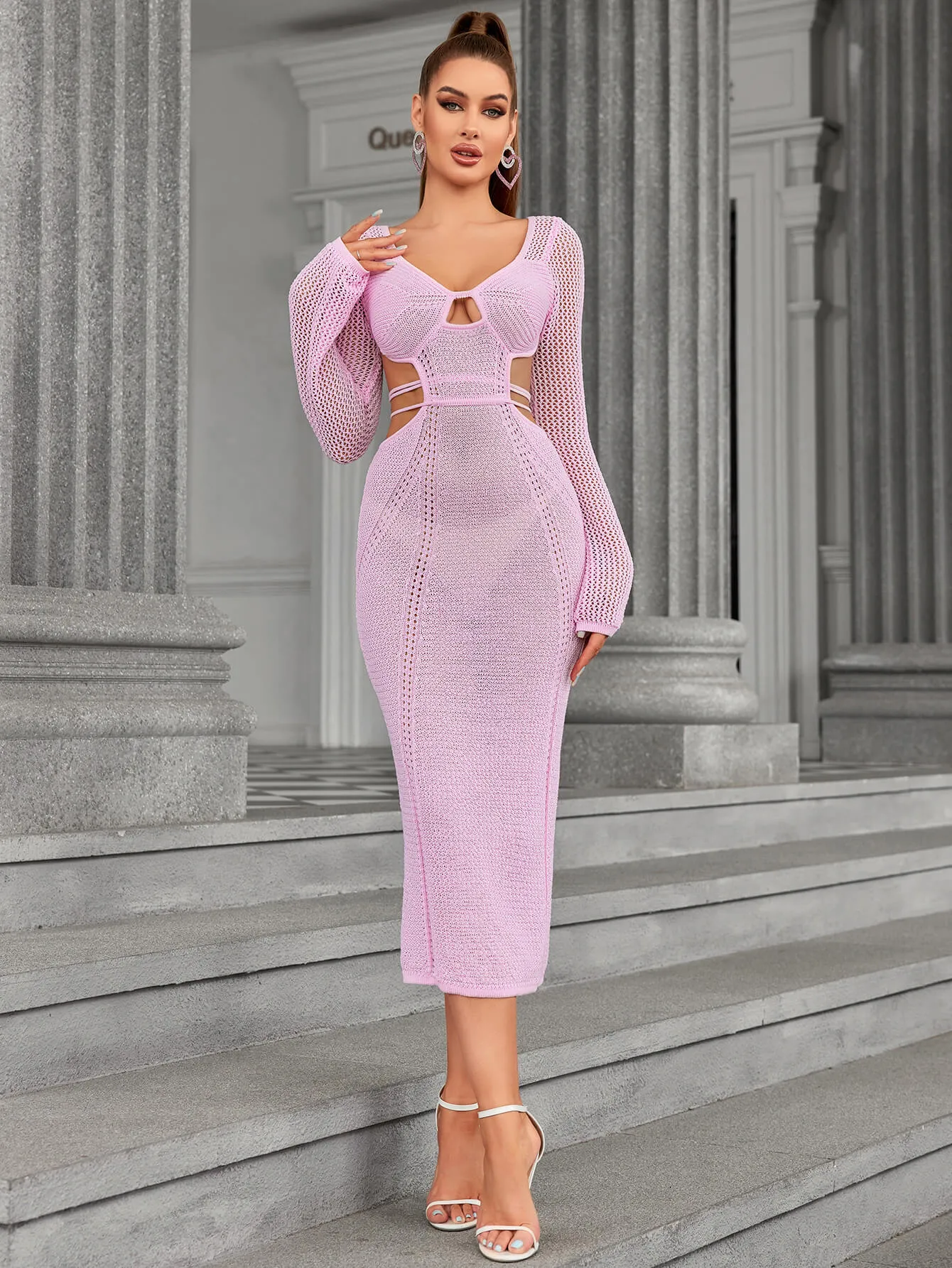 Long Sleeve Cut Out Tie Backless Sweater Dress