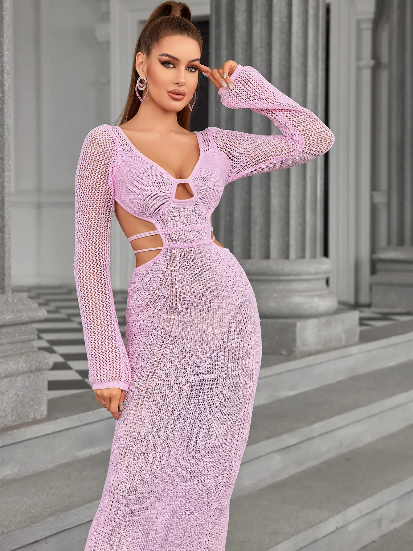 Long Sleeve Cut Out Tie Backless Sweater Dress