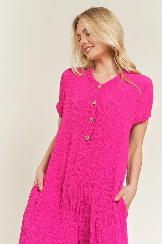 Loose Fit Fuschia Pink Textured Short Sleeve Jumpsuit